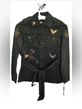 TRUE MEANING Women's Jacket, Cargo Military Army Blazer, Green Embroidered XS